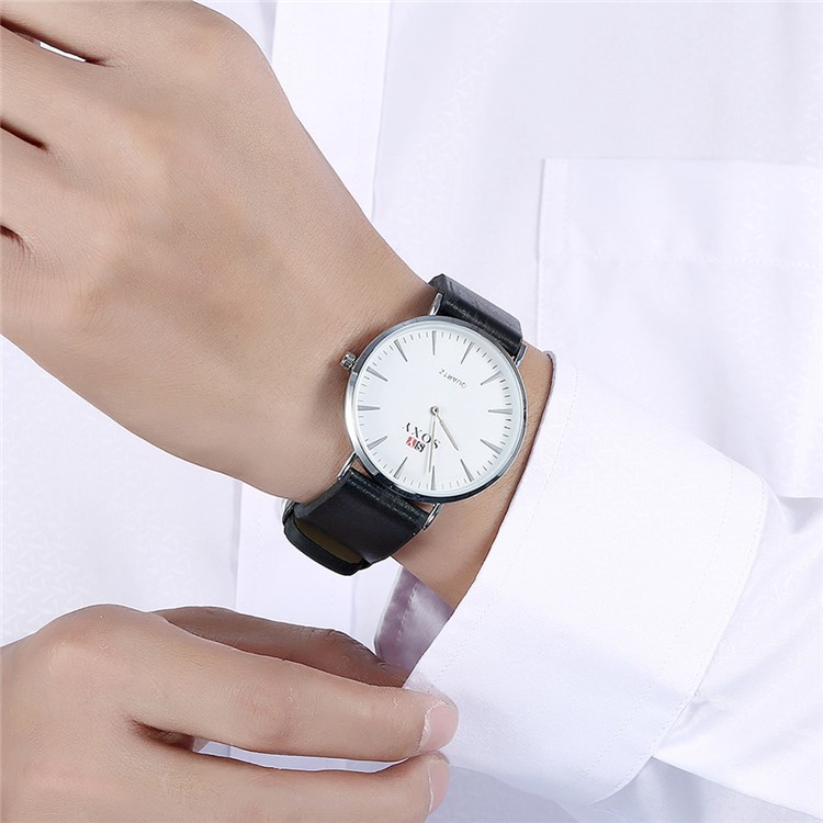 Round Dial Leather Band Wrist Watch Quartz Watch - Black-2