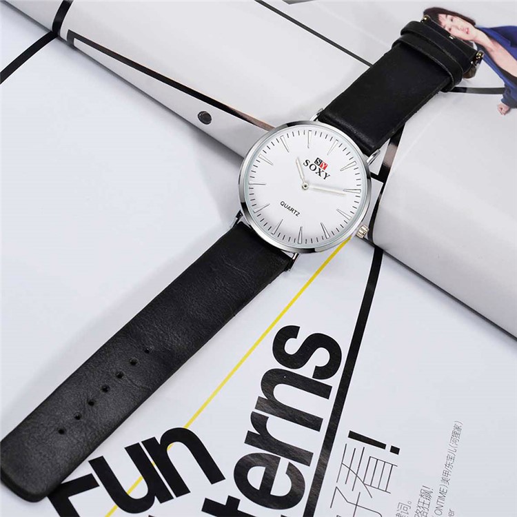 Round Dial Leather Band Wrist Watch Quartz Watch - Black-4
