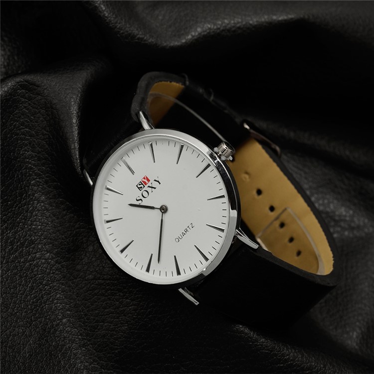Round Dial Leather Band Wrist Watch Quartz Watch - Black-5