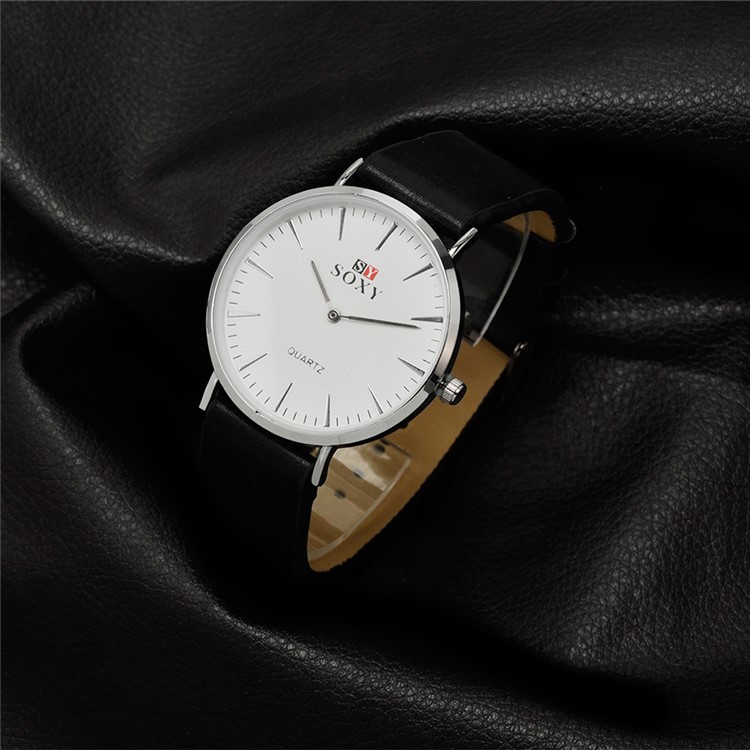 Round Dial Leather Band Wrist Watch Quartz Watch - Black-6