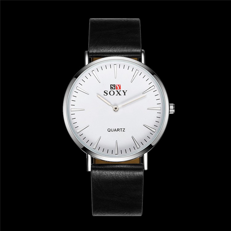 Round Dial Leather Band Wrist Watch Quartz Watch - Black-8