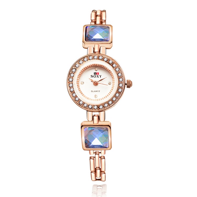 Trendy Rhinestones Alloy Quartz Chain Wrist Watch (WH0097-Z) for Women - Rose Gold-1