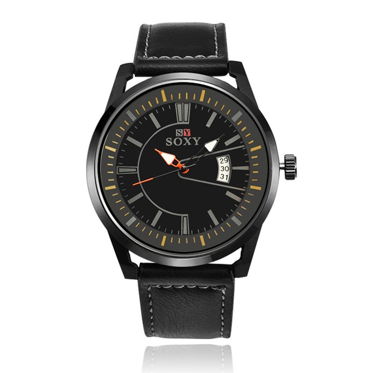 Alloy Quartz Leather Band Sport Men Wrist Watch with Calendar (WH0100-A) - Black-1