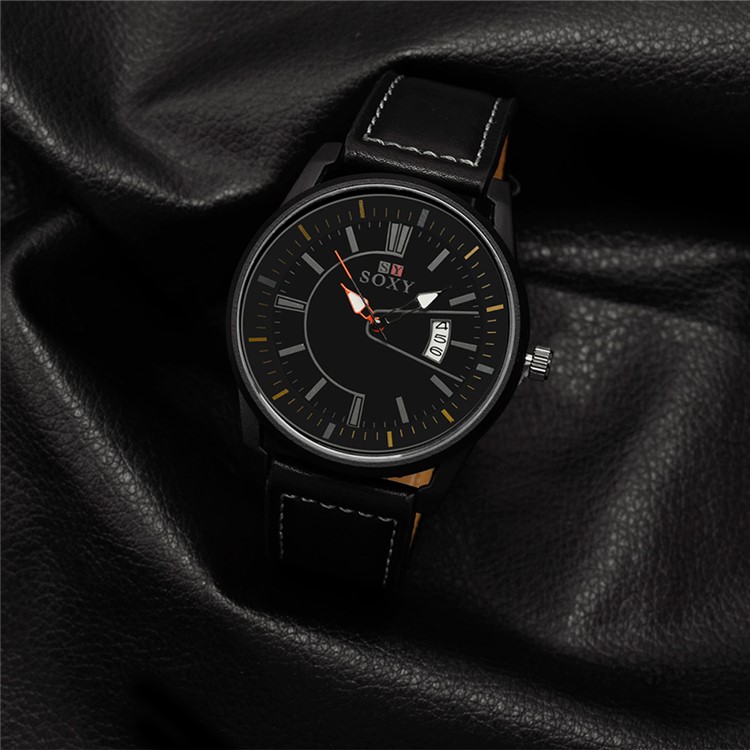 Alloy Quartz Leather Band Sport Men Wrist Watch with Calendar (WH0100-A) - Black-6