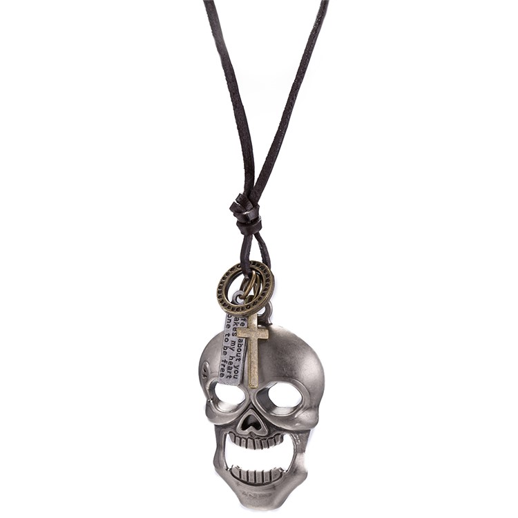 Men/'s Charm Vintage Argent Crâne Pendentif en Alliage Cuir Collier