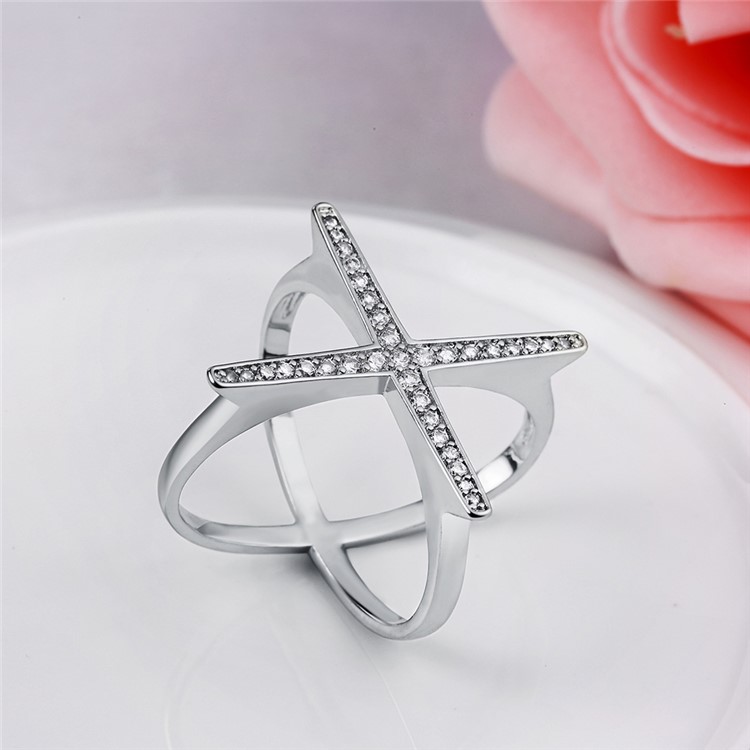 KZCR467 Fashionable Shiny Zircon Decor Cross Pattern Nice Rings for Women - Size: 9 / Platinum Plated-10