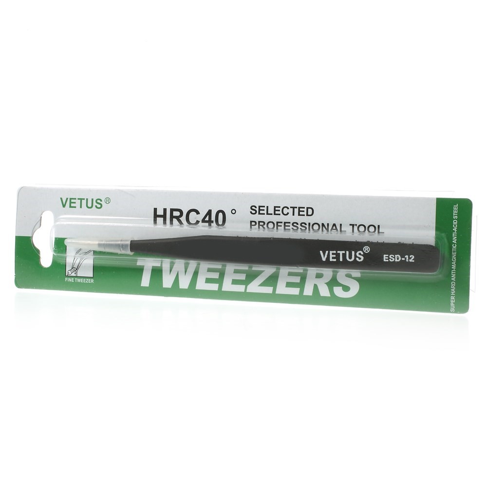 VETUS ESD-12 Anti-Static Stainless Steel Fine Tip Straight Tweezer Repair Tool, Length: 135mm-5