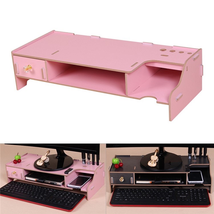 Purchased Wooden Computer Desk Organizer Monitor Stand Riser With Keyboard Mouse Storage Slots For Office Supplies School Teachers Pink