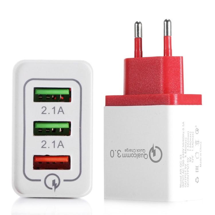 

Портативное Зарядное Устройство Для Дома Универсальный QC3.0 3-портовый USB Зарядное Устройство - Вилка ЕС / Красный, iPhone XS 5.8 inch