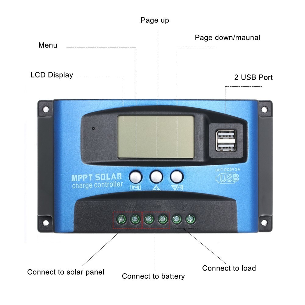 Controlador de Carga Solar MPPT 100A Regulador de Panel Solar de 12v/24 v Con Pantalla LCD Dual Modos de Control de Carga Múltiple USB