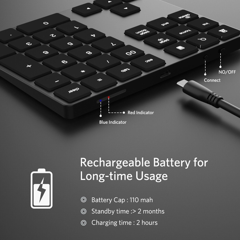 Teclado De Teclado Bluetooth Numérico Inalámbrico De Aluminio De 34 Llave Para Windows / IOS / Android - Negro