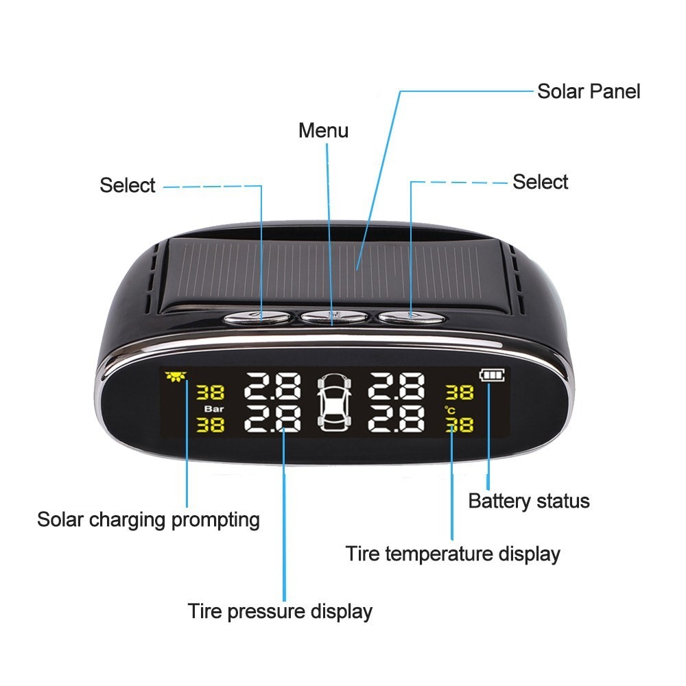 Car TPMS Pressão Pressão Sistema de Monitoramento de Energia Solar Digital Sistema de Pneus de Pneus de Segurança Auto Sistemas de Alarmes de Alarmes LCD Com 4 Sensores Internos