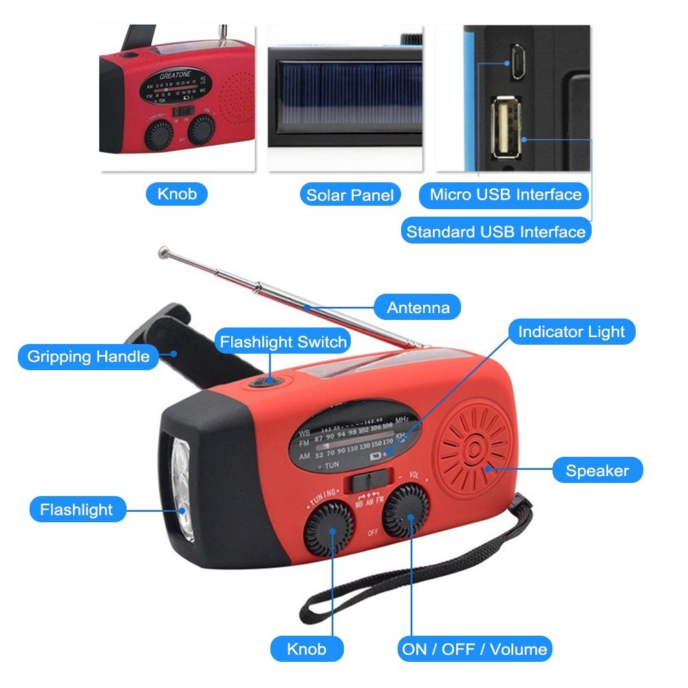 AM Portátil Solar Com Manivela / FM Radio Lanterna NOAA Previsão do Tempo Rádio Com Função do Banco de Energia