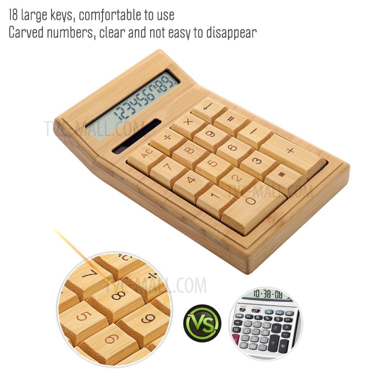 Bamboo Electronic Calculator 18 Keys 12 Digits Solar & Battery Powered for Home Bamboo Electronic Calculator 18 Keys 12 Digits Solar & Battery Powered for Home