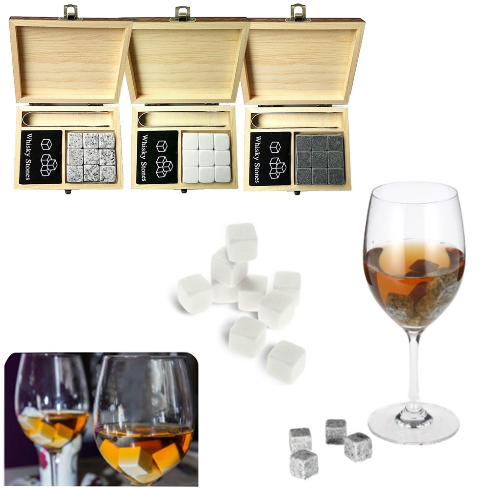 9pcs De Pierres De Whisky Set De Pierres De Refroidissement Boîte En Bois Chilling Rocks Rochers Réutilisables Cubes De Glace - Gris-2