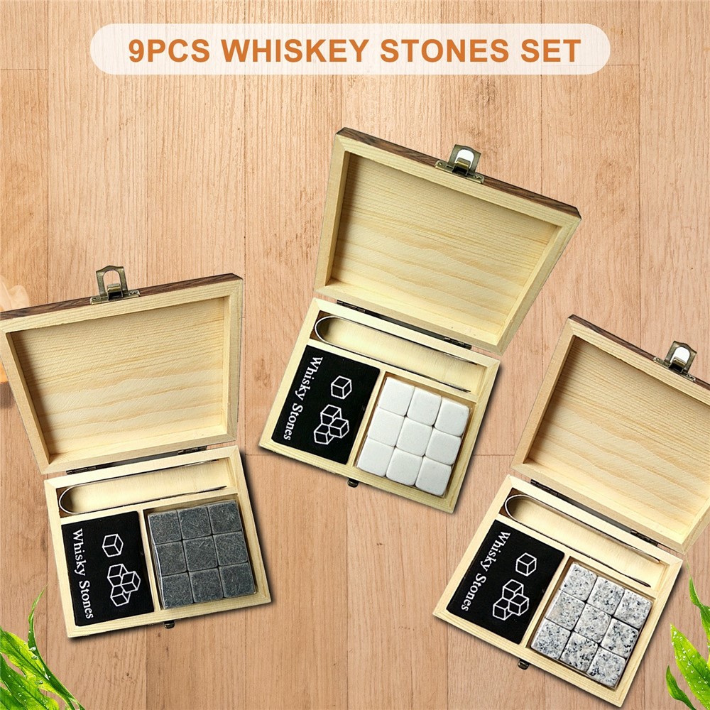 9pcs Piedras De Whisky Set Stones Sking Stones Caja De Madera Rocas Rocas Reutilizables Cubos De Hielo - Gris