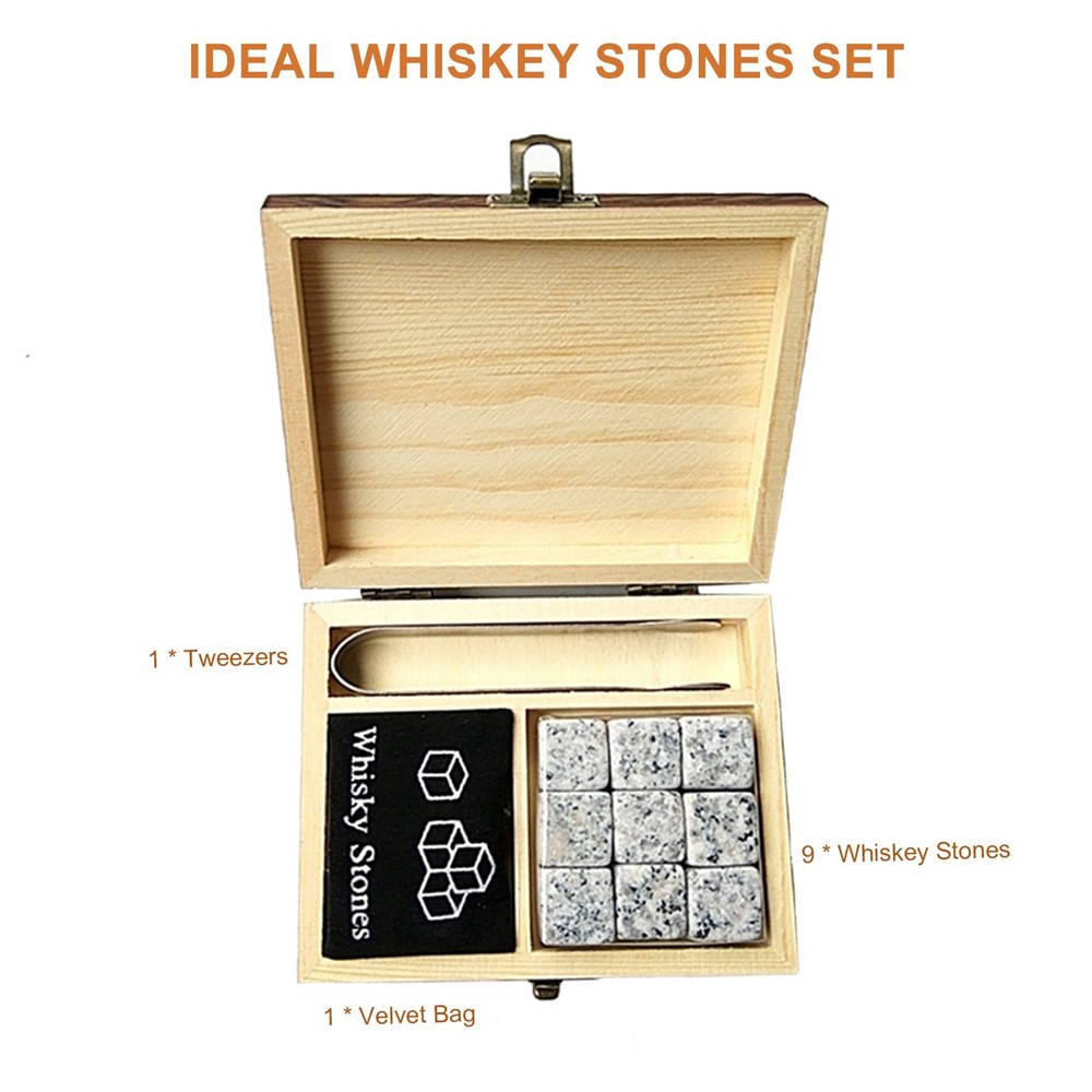 9pcs De Pierres De Whisky Set De Pierres De Refroidissement Boîte En Bois Chilling Rocks Rochers Réutilisables Cubes De Glace - Gris-7