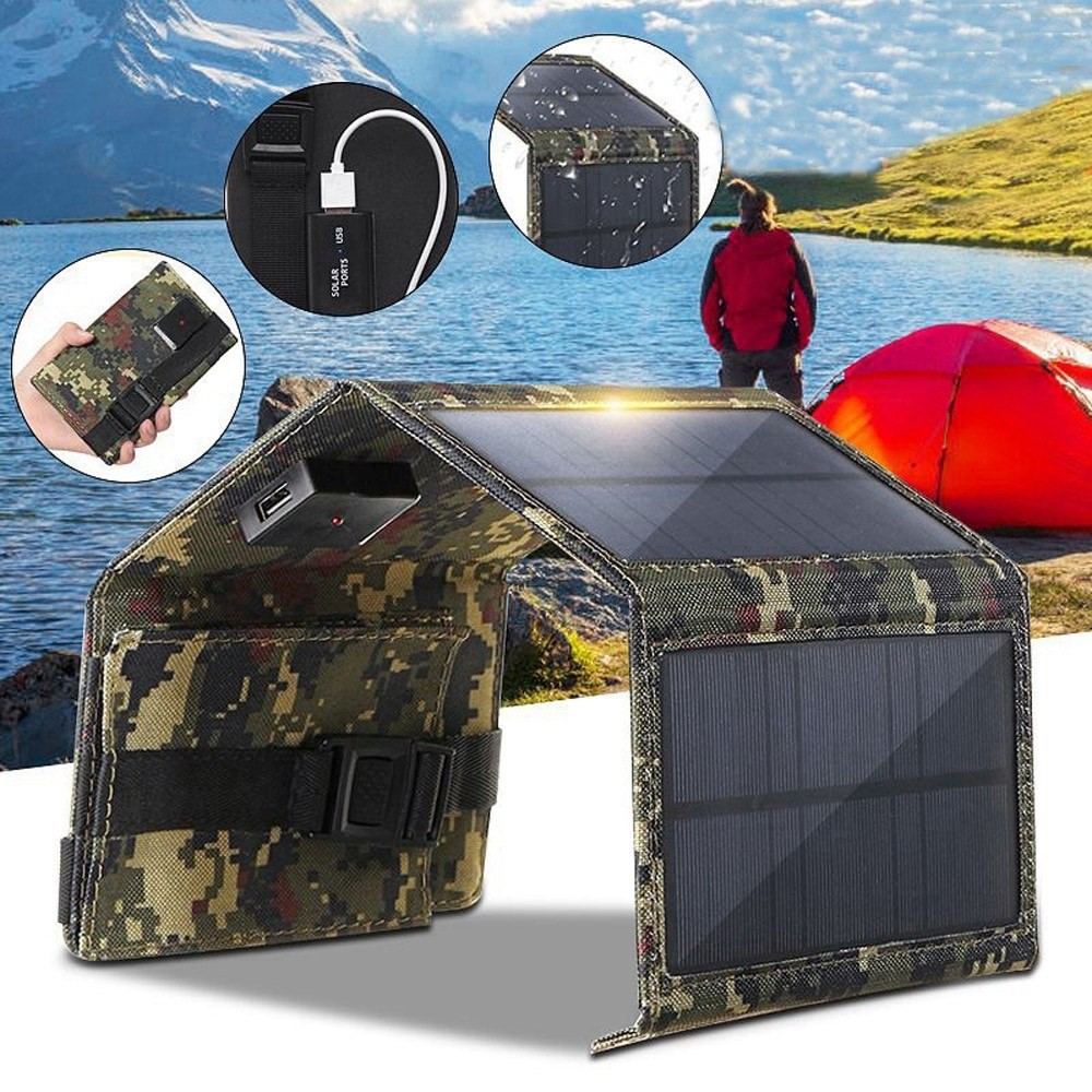 5V 10W Carregador Solar USB Portátil Carregador de Bateria Solar Embustial Portável de Bateria USB Bank Power Power Com 4 Painéis Solares - Preto