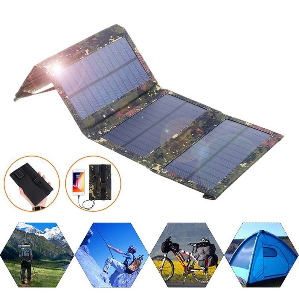 5V 10W Carregador Solar USB Portátil Carregador de Bateria Solar Embustial Portável de Bateria USB Bank Power Power Com 4 Painéis Solares - Preto