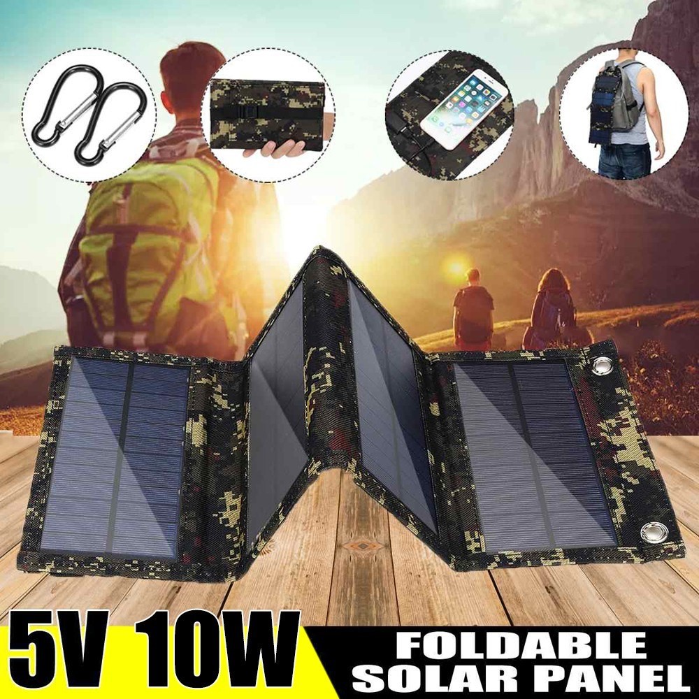 5V 10W Carregador Solar USB Portátil Carregador de Bateria Solar Embustial Portável de Bateria USB Bank Power Power Com 4 Painéis Solares - Preto