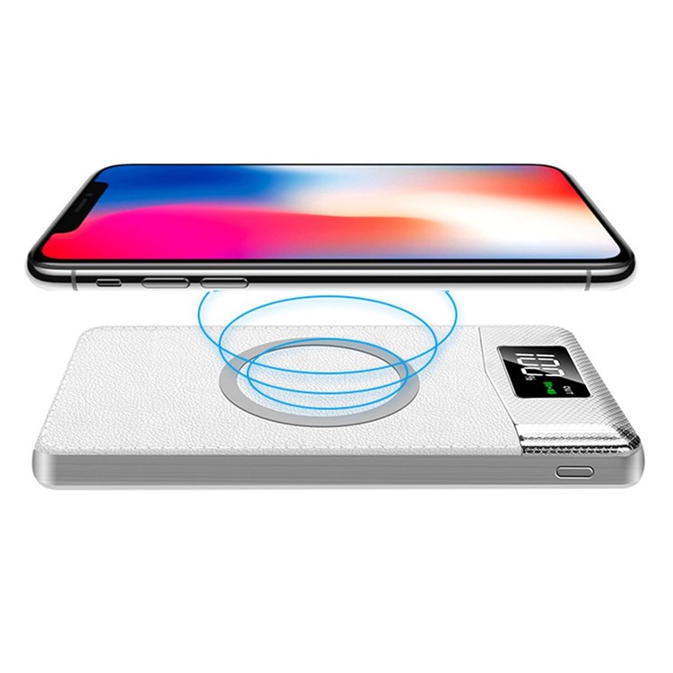 

Qi Wireless Charger 10000Amh Dual USB Ports Digital Power Bank with Flashlight - White