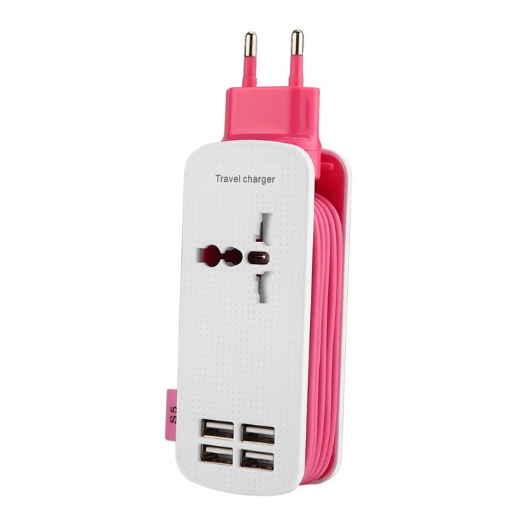 

EU Plug 4.2A Universal 4 USB Ports Multi Adapter Office Travel Charger - Rose