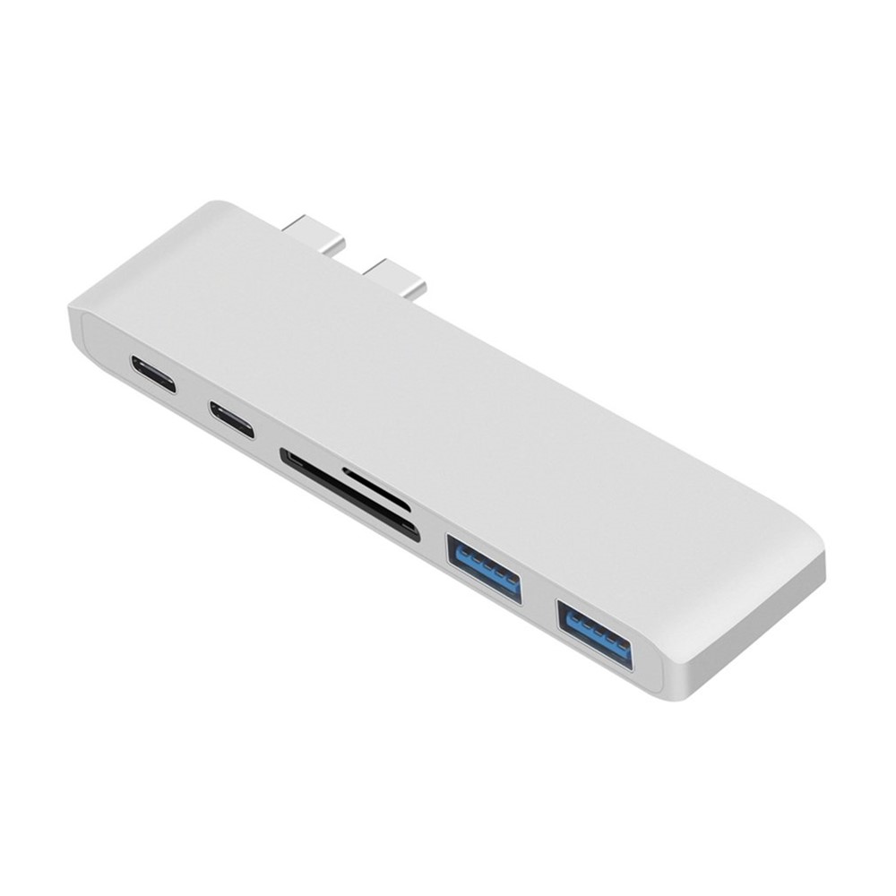 Puerto de Tipo c Doble Masculino 6-en-1 a 2 Puertos Tipo c Femeninos + Para Lector de Tarjetas SD/TF + 2 Adaptador de Cubo de Puertos USB 3.0 - Plata