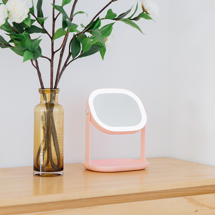 Multi-functional LED Makeup Mirror Table Lamp Portable Touch Button 360° Rotating Mirror - Pink-2