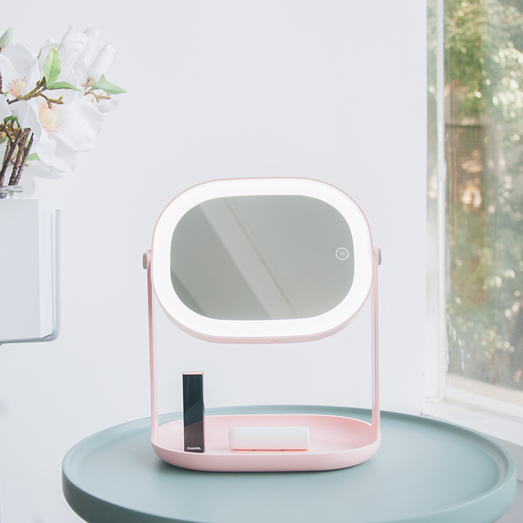 Multi-functional LED Makeup Mirror Table Lamp Portable Touch Button 360° Rotating Mirror - Pink-4