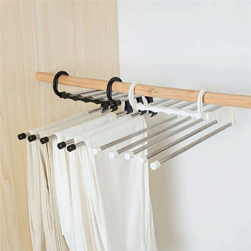 5 In 1 Edelstahl Multifunktionale Hose Rack Magic Hook Kleiderbügel Kleiderschrank Organizer - Schwarz