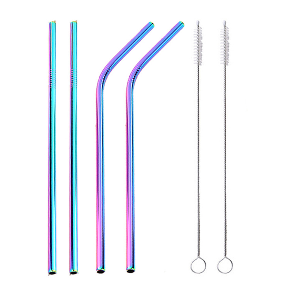 8 Pcs Canudos Reutilizáveis ​​de Metal Aço Inoxidável 8.5 '' Bent E Palha De Bebida Direta Com 2 Pcs Escovas De Limpeza - Multicolorido