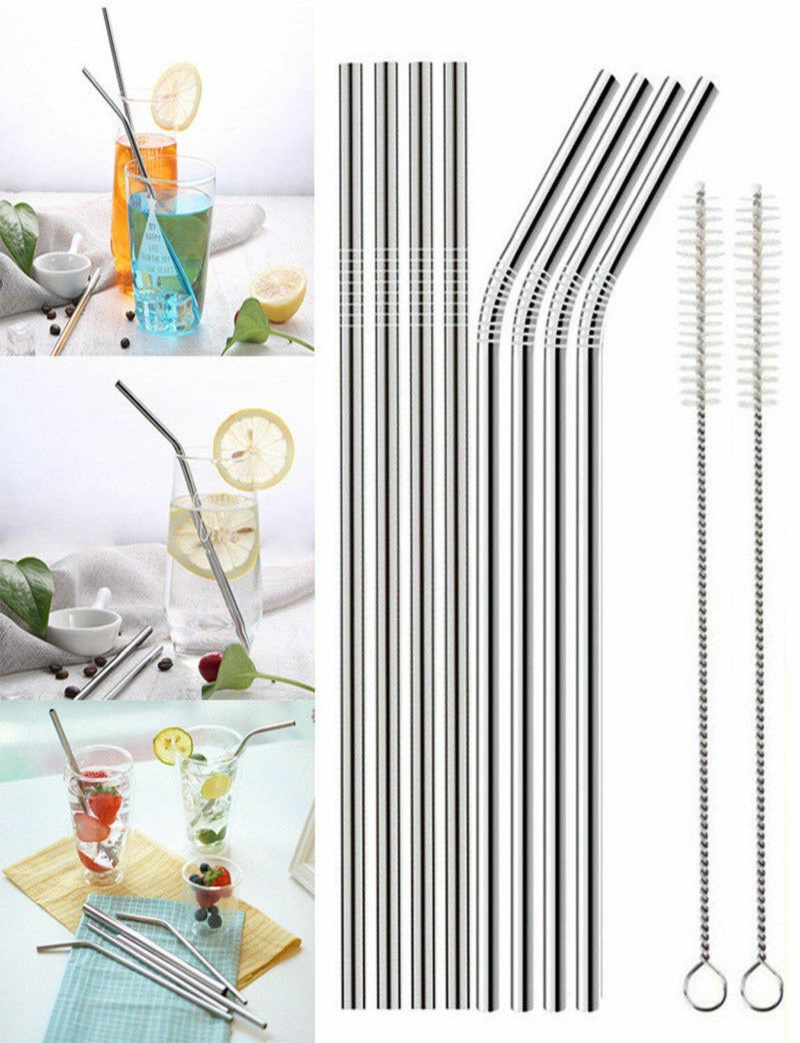 8 Pcs En Acier Inoxydable De Pailles Réutilisables De 8,5 '' Bent Et Droite Paille De Boire Avec Des Brosses De Nettoyage De 2pcs - Argent