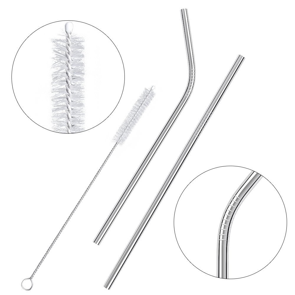 8 Pcs En Acier Inoxydable De Pailles Réutilisables De 8,5 '' Bent Et Droite Paille De Boire Avec Des Brosses De Nettoyage De 2pcs - Argent