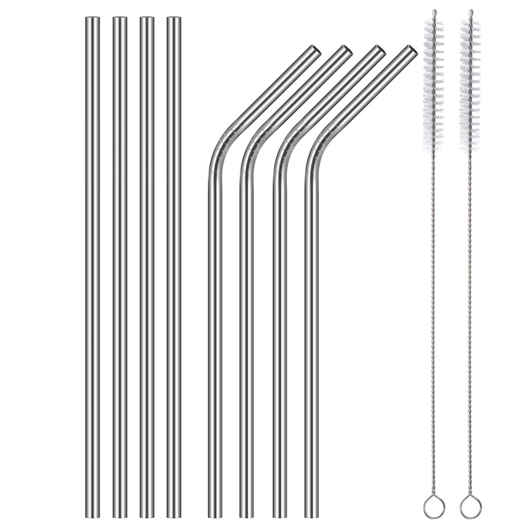 8 Pcs En Acier Inoxydable De Pailles Réutilisables De 8,5 '' Bent Et Droite Paille De Boire Avec Des Brosses De Nettoyage De 2pcs - Argent