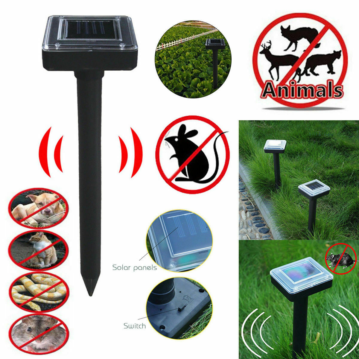 2 Pcs Topi ad Ultrasuoni ad Ultrasuoni Solare Cat Dog Repeller Garden Deterrent Pest Control