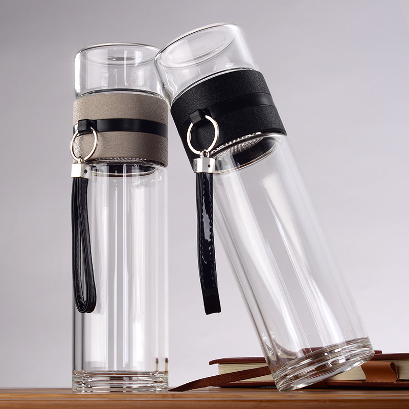 300 мл Двойной Стены Стеклянного Чая Tumbler Infuser Filter Бутылка с Водой с Фильтром - Черный