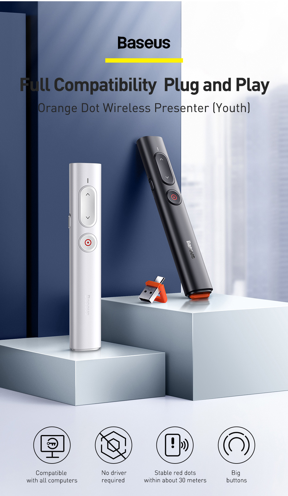 BASEUS D'orange Dot Présentateur Sans Fil Stylo Flip PPT (version Jeunesse) Avec Batterie AAA - Blanc-1