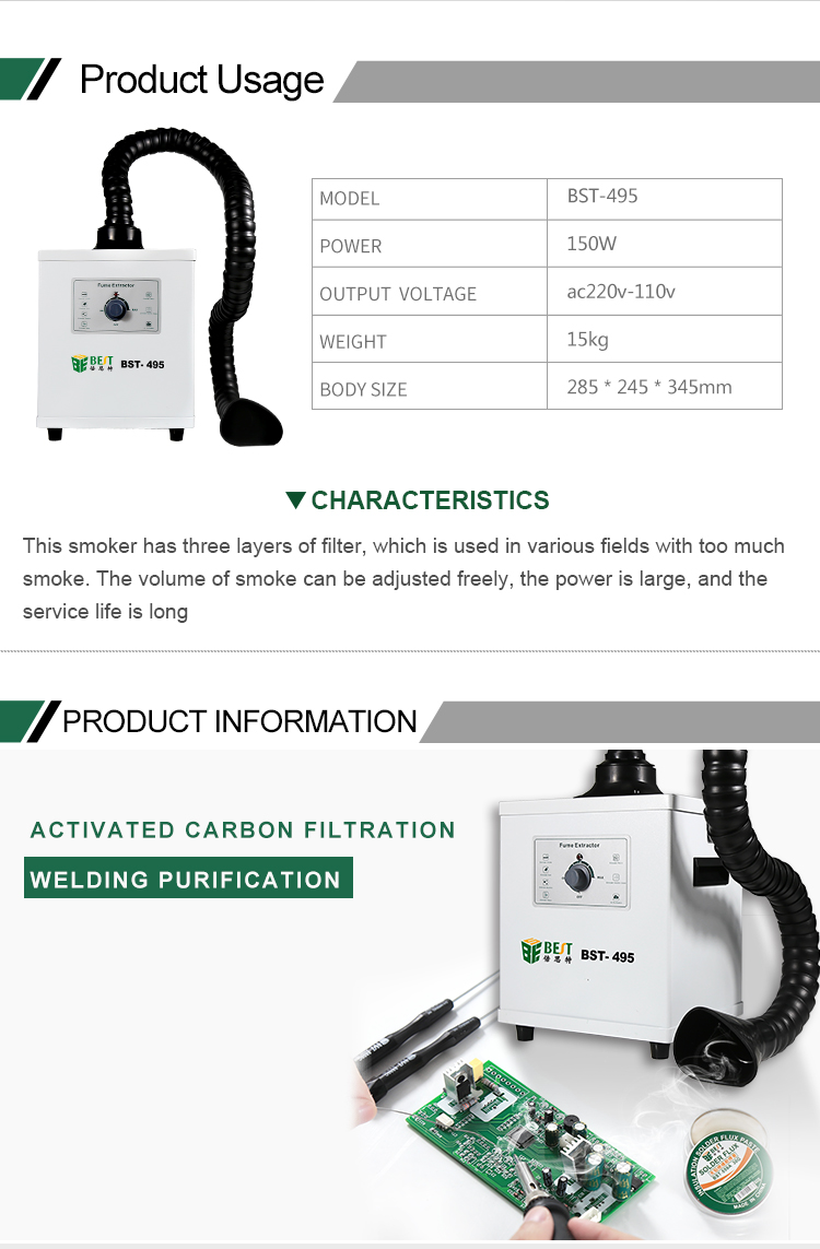 Meilleur Purificateur De Fumée BST-495 150W [filtration À 3 Couches, Moteur Sans Balai] Pour La Réparation De Téléphone Laboratoire De Soudage, Etc. - TENSION: 110V