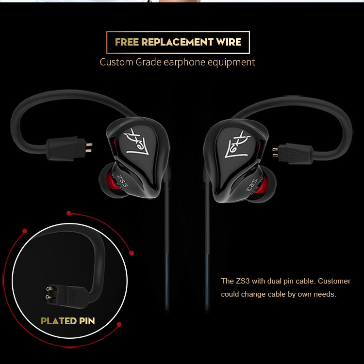 KZ ZS3 3.5mm In-ear Earphone HiFi Sport Headset WITHOUT Mic for Samsung S8, Huawei P10 etc. - Black