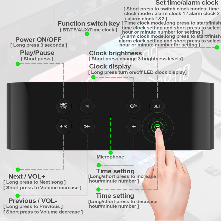 Negro - Altavoz Bluetooth 5.0 Portátil AEC BT501 Con Tarjeta de Espejo de Reloj de Pantalla LED Grande Soporte Aux-in/tf Tarjeta tf