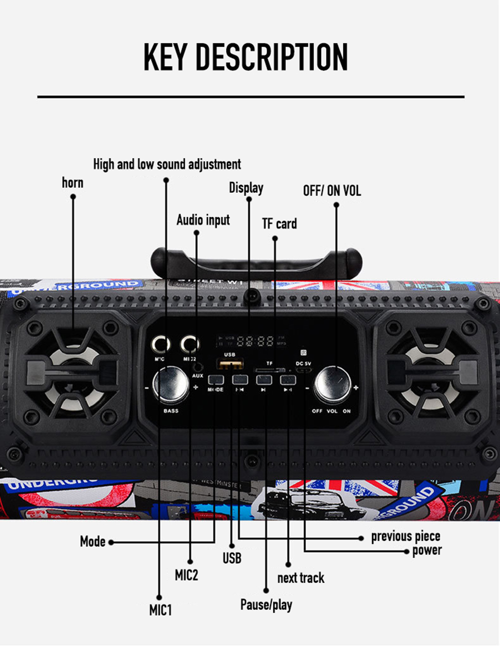 LED Bluetooth FM Radio Mobile KTV 3D Sound Inalámbrico Alrededor de 15W Speaker+micrófono - Bandera Nacional