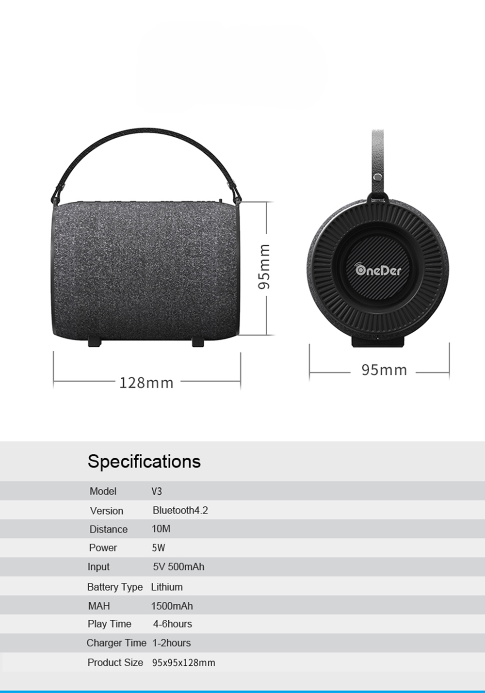 ONEDER V3 Fabric Portable Wireless Bluetooth Card Stereo Bass Creative Gift Mini Speaker - Black