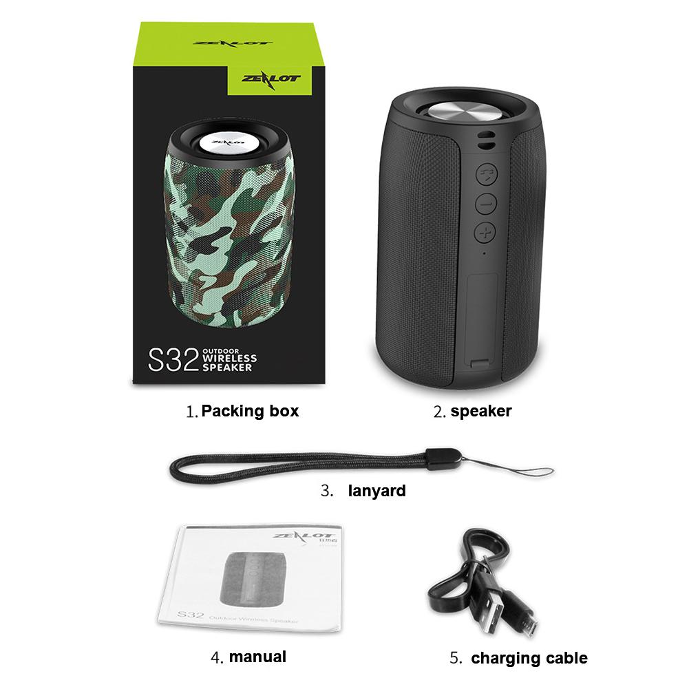 Zelot S32 Bluetooth 5.0 Wireless Portable HiFi Bass Subwoofer Altoparlante Supporto TF Card / U-Disk / AUX - Army Green