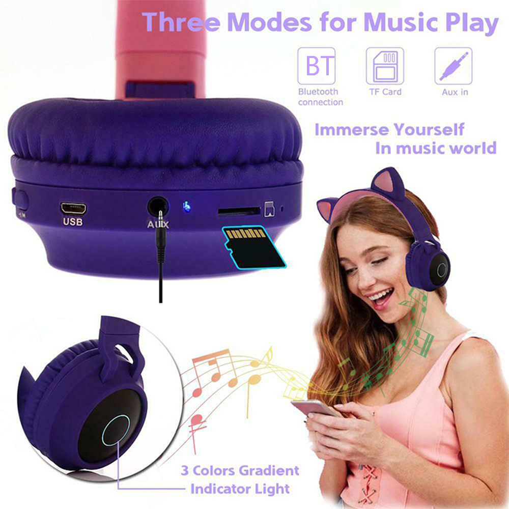 Cute Cat Ear Kids Women Bluetooth 5.0 Headphone Foldable Over-Ear Stereo Wireless Headset with LED Light - Pink