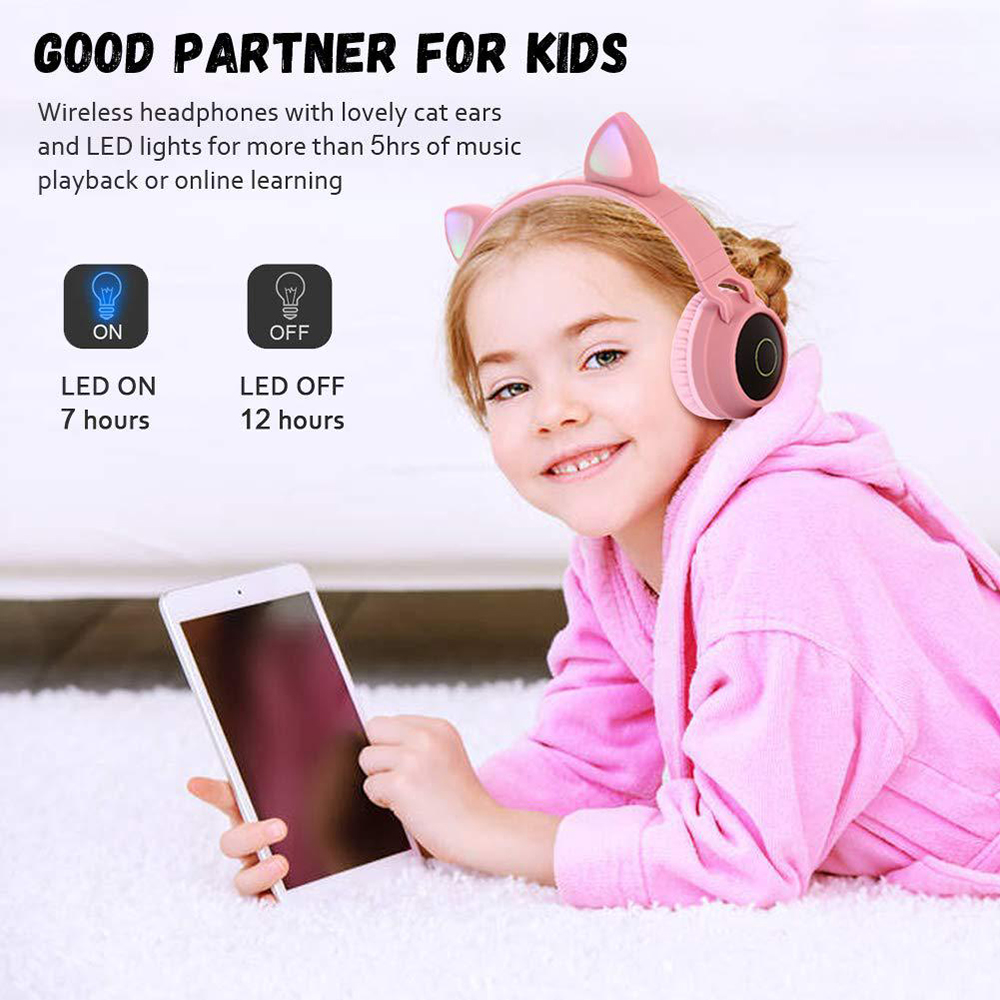 Cute Cat Ear Kids Women Bluetooth 5.0 Headphone Foldable Over-Ear Stereo Wireless Headset with LED Light - Pink