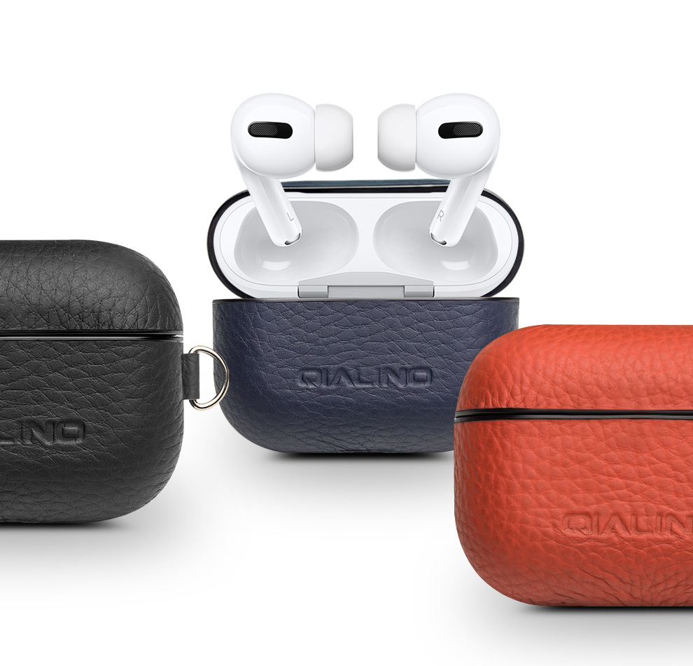 Qialino Para Apple Airpods Pro Threappone A Prueba De Golpes Auricular Cuadro Protector Funda De Cuero De Piel De Vaca - Negro