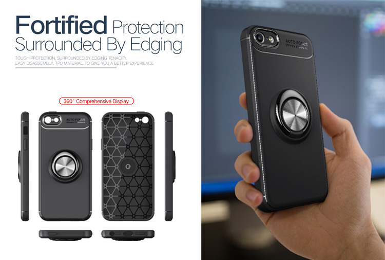 Anti-drop Ring Kickstand TPU TPU Case Para Iphone Se/5s/5 Placa de Hierro Magnético de Metal Incorporada - Negro / Gris