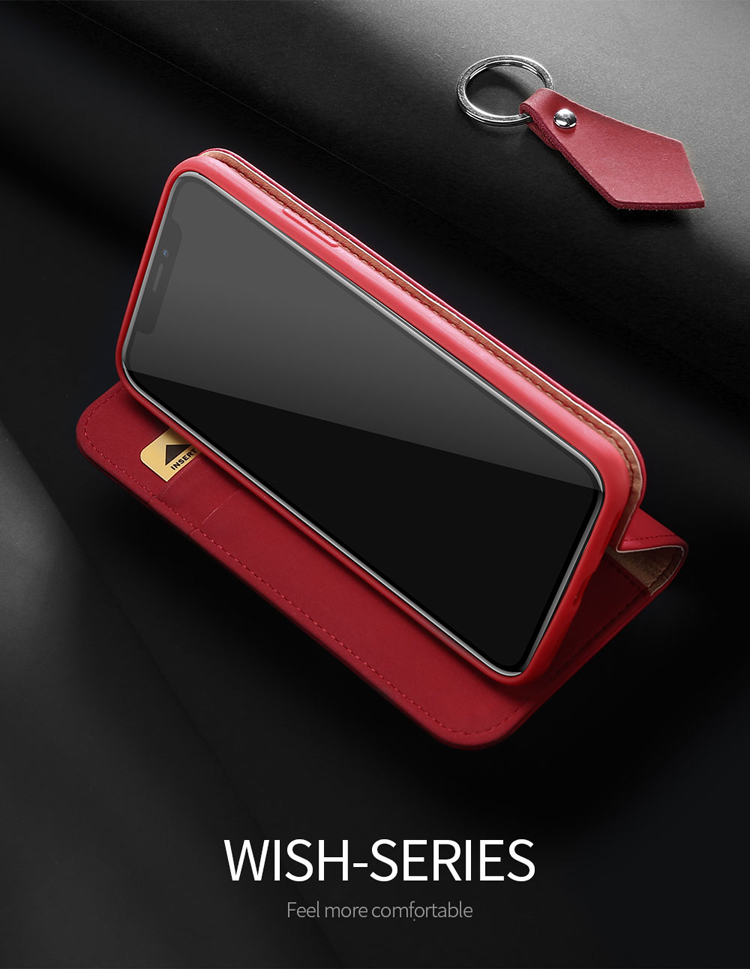 CNAS DUX DUCIS Wish Series / Diseño de Soporte Ajustable de Billetera Certificado CMA Case de Teléfono de Cuero Genuino Para Iphone X - Rojo