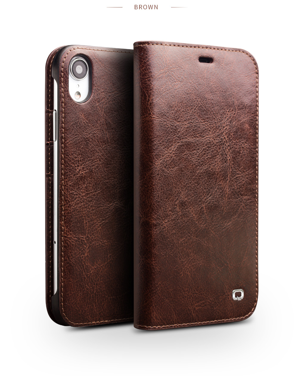 Case de Teléfono de Cuero de Piel de Vaca Qialino Para Iphone XR 6.1 Pulgadas, Protección Completa Folio Flip Wallet Cubierta Móvil - Marrón