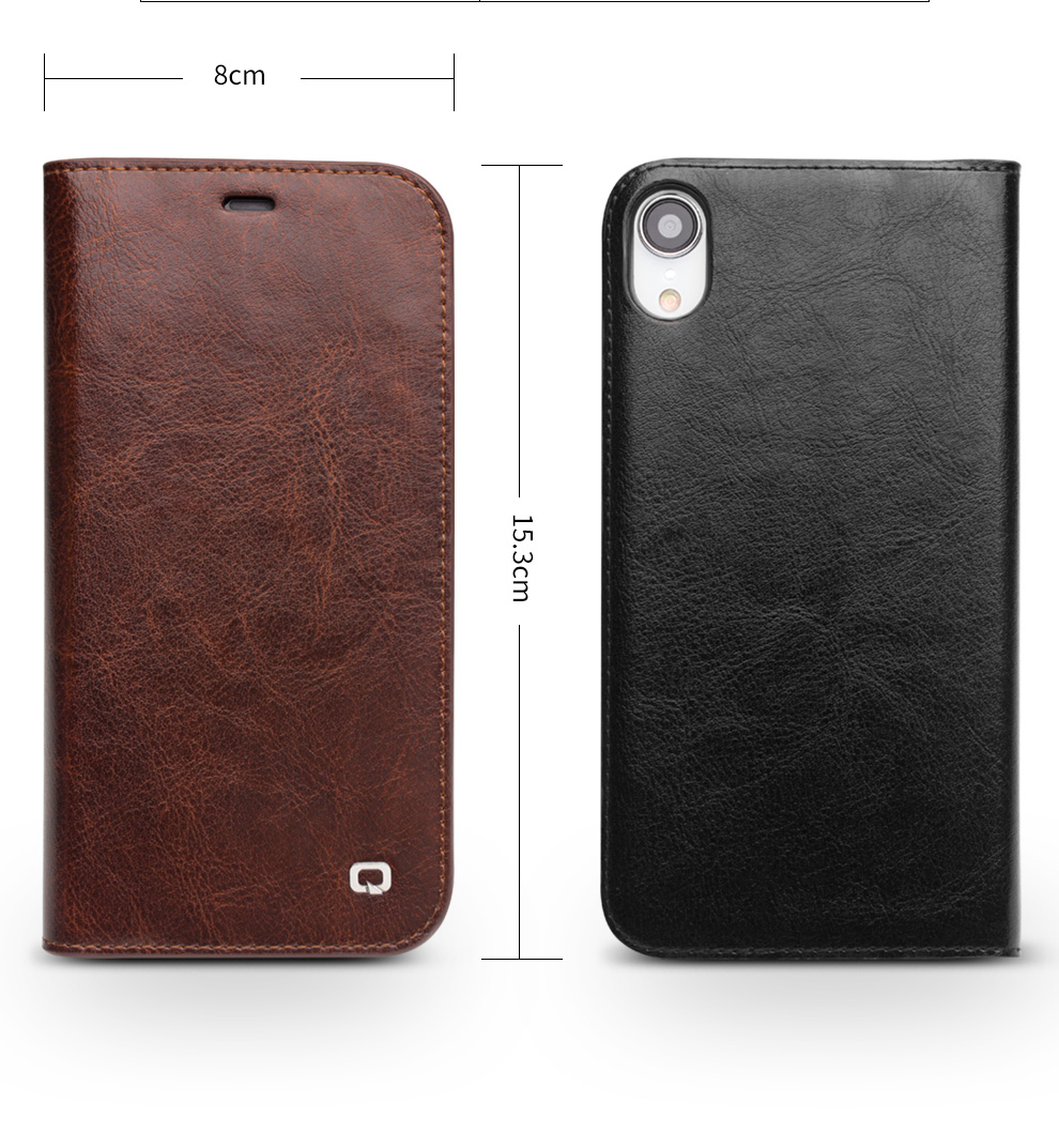 Case de Teléfono de Cuero de Piel de Vaca Qialino Para Iphone XR 6.1 Pulgadas, Protección Completa Folio Flip Wallet Cubierta Móvil - Marrón